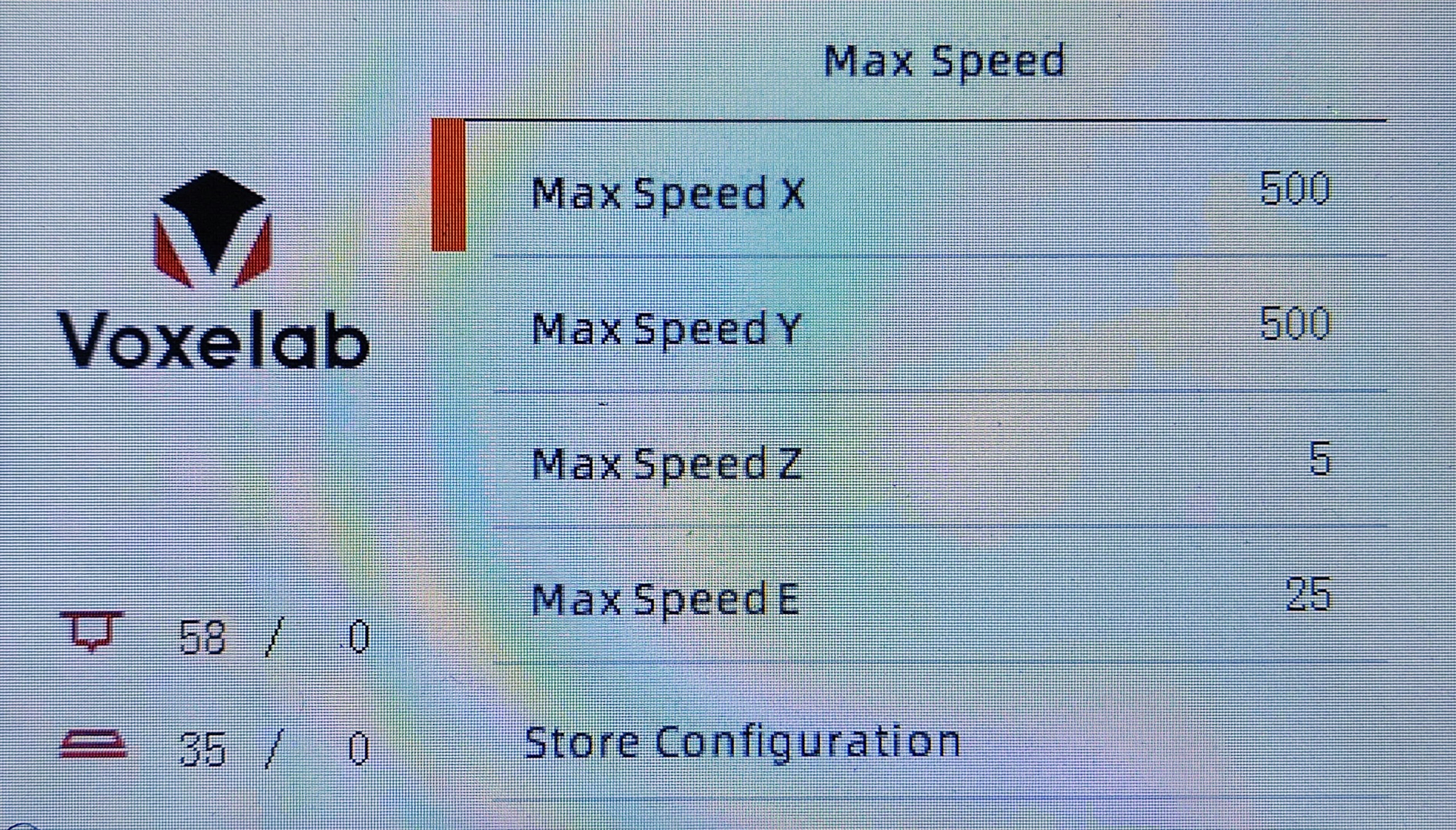 Voxelab Aquila のMax Speed画面の画像