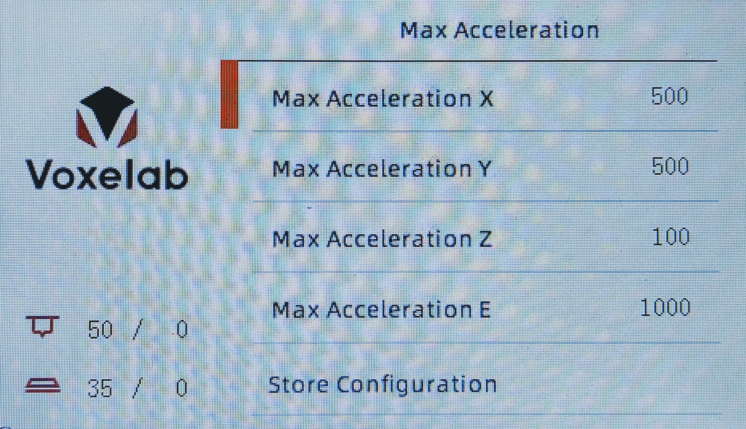 Voxelab Aquila のMax Acceleration画面の画像